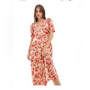 NWT VILA Floral Pink and Orange Midi Wrap Dress